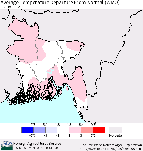 Bangladesh Average Temperature Departure from Normal (WMO) Thematic Map For 7/19/2021 - 7/25/2021