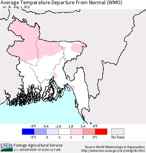Bangladesh Average Temperature Departure from Normal (WMO) Thematic Map For 7/26/2021 - 8/1/2021
