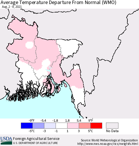 Bangladesh Average Temperature Departure from Normal (WMO) Thematic Map For 8/2/2021 - 8/8/2021