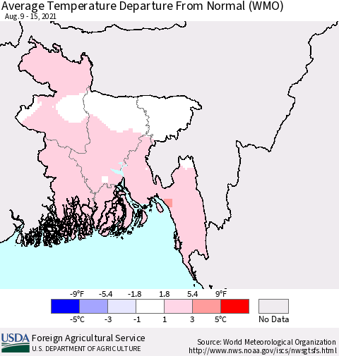 Bangladesh Average Temperature Departure from Normal (WMO) Thematic Map For 8/9/2021 - 8/15/2021