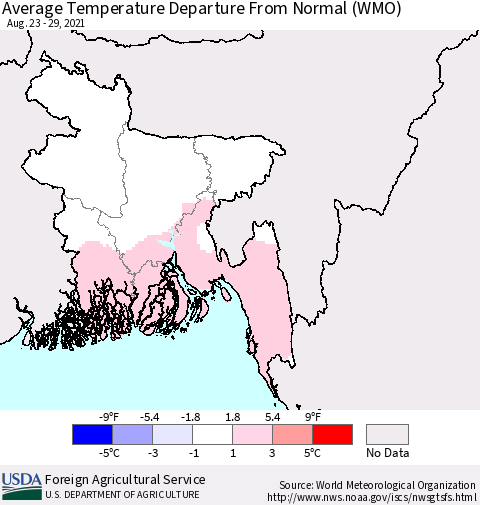 Bangladesh Average Temperature Departure from Normal (WMO) Thematic Map For 8/23/2021 - 8/29/2021