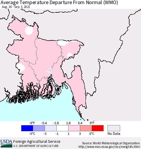 Bangladesh Average Temperature Departure from Normal (WMO) Thematic Map For 8/30/2021 - 9/5/2021