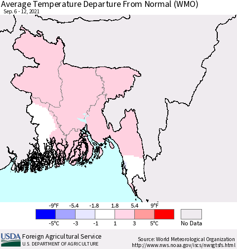 Bangladesh Average Temperature Departure from Normal (WMO) Thematic Map For 9/6/2021 - 9/12/2021