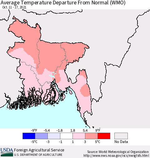 Bangladesh Average Temperature Departure from Normal (WMO) Thematic Map For 10/11/2021 - 10/17/2021