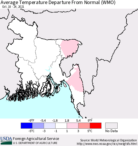 Bangladesh Average Temperature Departure from Normal (WMO) Thematic Map For 10/18/2021 - 10/24/2021