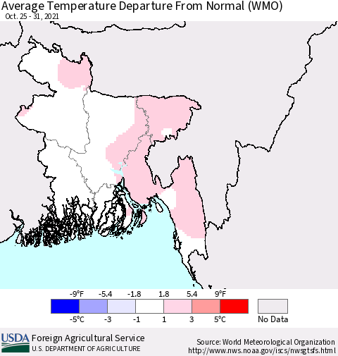 Bangladesh Average Temperature Departure from Normal (WMO) Thematic Map For 10/25/2021 - 10/31/2021