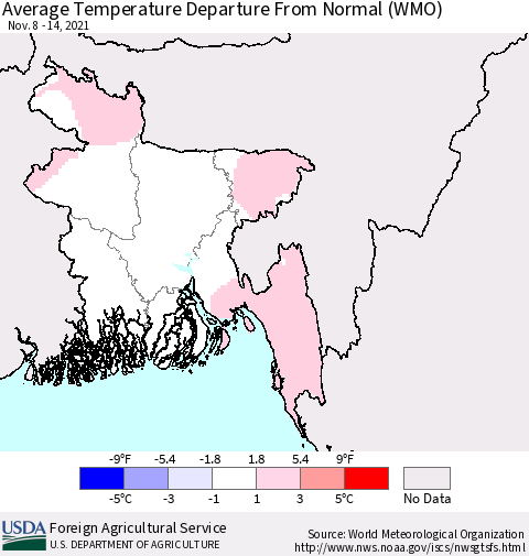 Bangladesh Average Temperature Departure from Normal (WMO) Thematic Map For 11/8/2021 - 11/14/2021