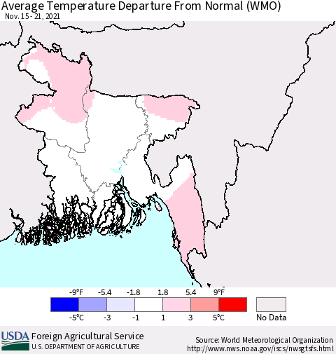 Bangladesh Average Temperature Departure from Normal (WMO) Thematic Map For 11/15/2021 - 11/21/2021