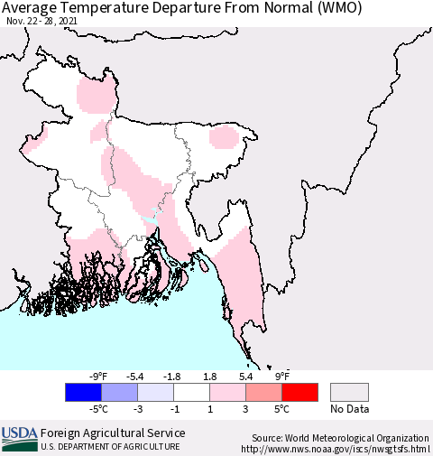 Bangladesh Average Temperature Departure from Normal (WMO) Thematic Map For 11/22/2021 - 11/28/2021