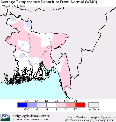 Bangladesh Average Temperature Departure from Normal (WMO) Thematic Map For 11/29/2021 - 12/5/2021