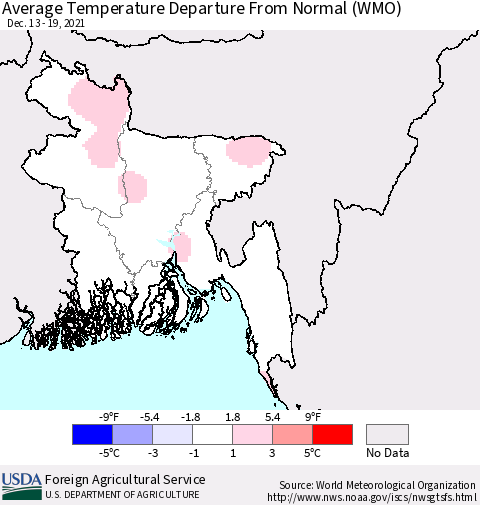 Bangladesh Average Temperature Departure from Normal (WMO) Thematic Map For 12/13/2021 - 12/19/2021