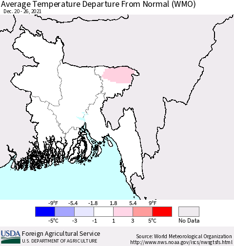 Bangladesh Average Temperature Departure from Normal (WMO) Thematic Map For 12/20/2021 - 12/26/2021