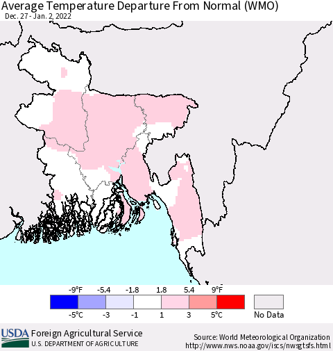 Bangladesh Average Temperature Departure from Normal (WMO) Thematic Map For 12/27/2021 - 1/2/2022