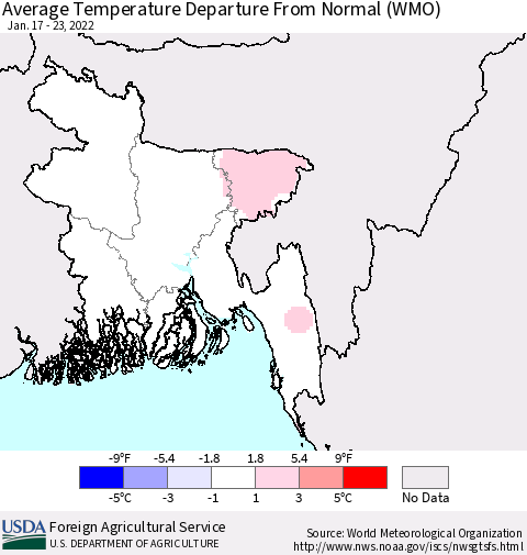Bangladesh Average Temperature Departure from Normal (WMO) Thematic Map For 1/17/2022 - 1/23/2022