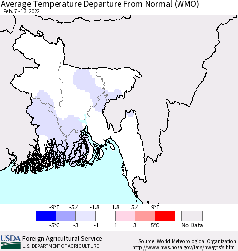 Bangladesh Average Temperature Departure from Normal (WMO) Thematic Map For 2/7/2022 - 2/13/2022