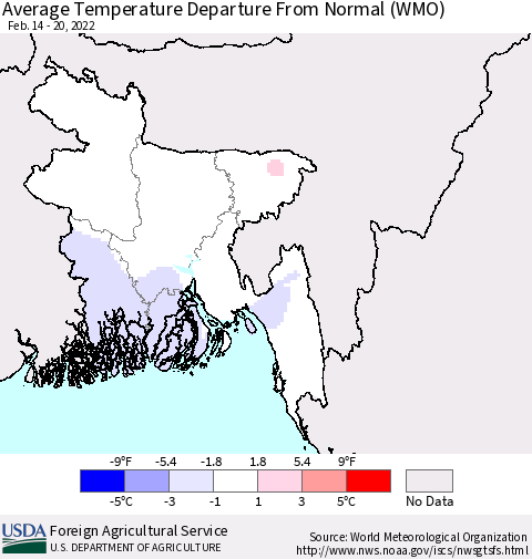 Bangladesh Average Temperature Departure from Normal (WMO) Thematic Map For 2/14/2022 - 2/20/2022