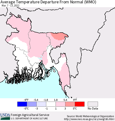 Bangladesh Average Temperature Departure from Normal (WMO) Thematic Map For 3/7/2022 - 3/13/2022