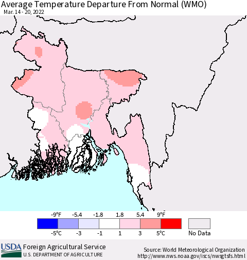 Bangladesh Average Temperature Departure from Normal (WMO) Thematic Map For 3/14/2022 - 3/20/2022