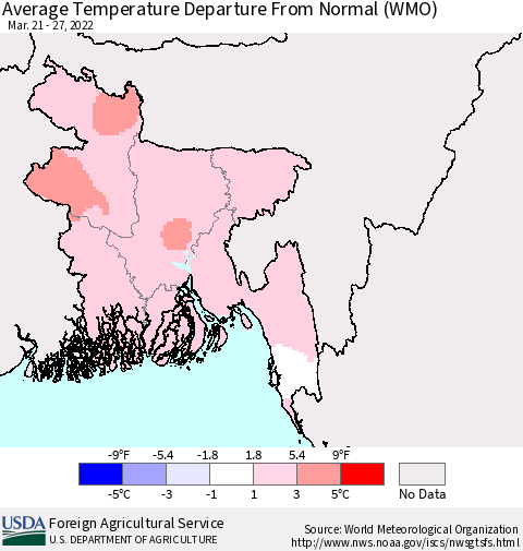 Bangladesh Average Temperature Departure from Normal (WMO) Thematic Map For 3/21/2022 - 3/27/2022