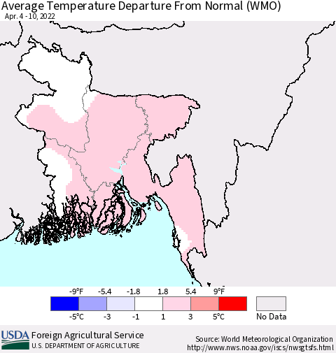 Bangladesh Average Temperature Departure from Normal (WMO) Thematic Map For 4/4/2022 - 4/10/2022