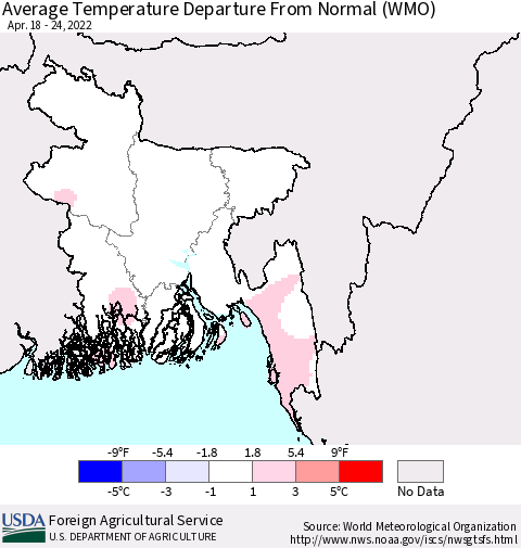 Bangladesh Average Temperature Departure from Normal (WMO) Thematic Map For 4/18/2022 - 4/24/2022