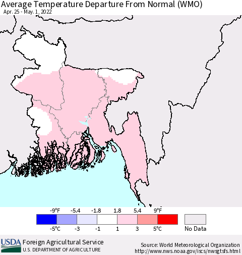 Bangladesh Average Temperature Departure from Normal (WMO) Thematic Map For 4/25/2022 - 5/1/2022