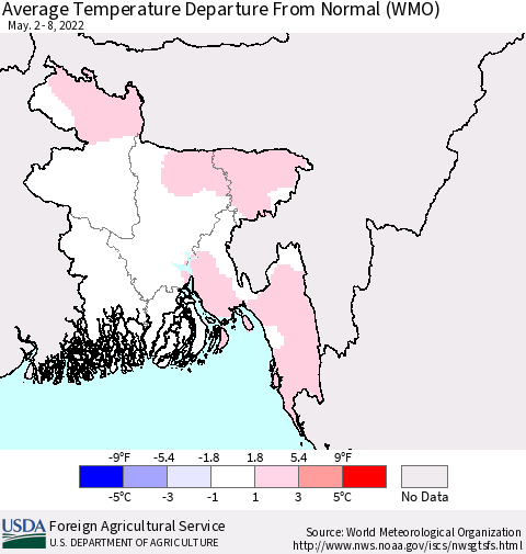 Bangladesh Average Temperature Departure from Normal (WMO) Thematic Map For 5/2/2022 - 5/8/2022