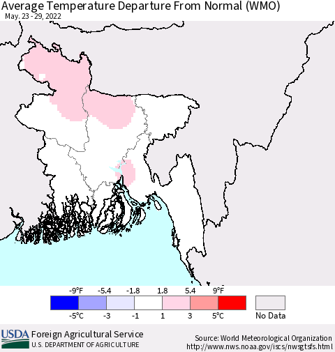Bangladesh Average Temperature Departure from Normal (WMO) Thematic Map For 5/23/2022 - 5/29/2022