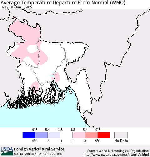 Bangladesh Average Temperature Departure from Normal (WMO) Thematic Map For 5/30/2022 - 6/5/2022