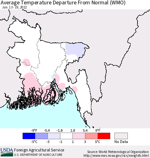 Bangladesh Average Temperature Departure from Normal (WMO) Thematic Map For 6/13/2022 - 6/19/2022