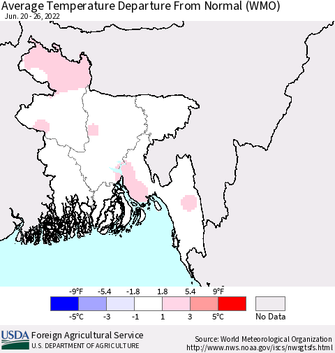 Bangladesh Average Temperature Departure from Normal (WMO) Thematic Map For 6/20/2022 - 6/26/2022