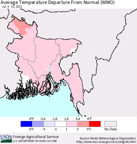 Bangladesh Average Temperature Departure from Normal (WMO) Thematic Map For 7/4/2022 - 7/10/2022