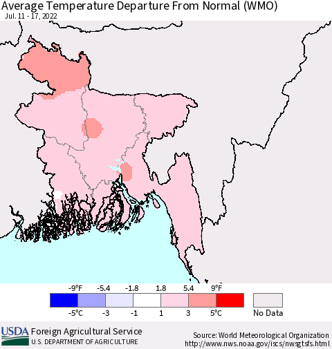 Bangladesh Average Temperature Departure from Normal (WMO) Thematic Map For 7/11/2022 - 7/17/2022