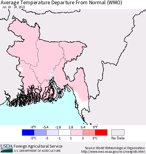 Bangladesh Average Temperature Departure from Normal (WMO) Thematic Map For 7/18/2022 - 7/24/2022