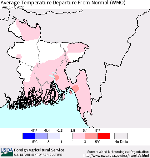 Bangladesh Average Temperature Departure from Normal (WMO) Thematic Map For 8/1/2022 - 8/7/2022