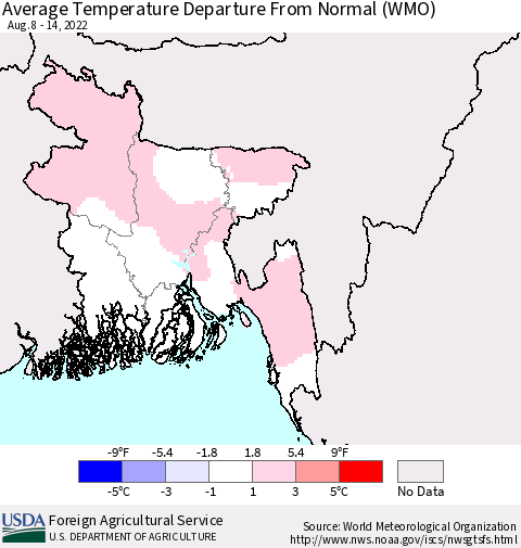 Bangladesh Average Temperature Departure from Normal (WMO) Thematic Map For 8/8/2022 - 8/14/2022