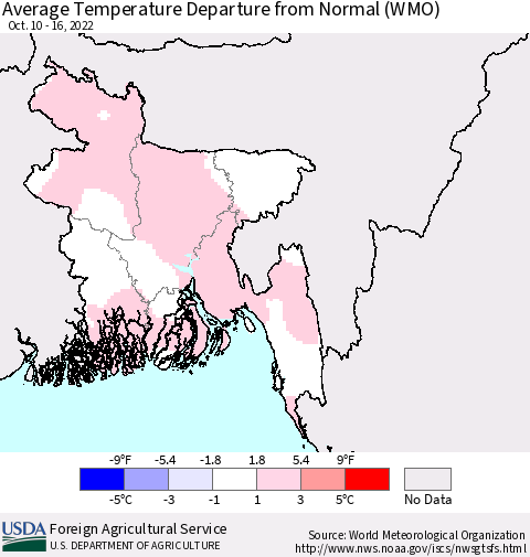 Bangladesh Average Temperature Departure from Normal (WMO) Thematic Map For 10/10/2022 - 10/16/2022