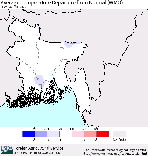 Bangladesh Average Temperature Departure from Normal (WMO) Thematic Map For 10/24/2022 - 10/30/2022