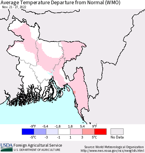 Bangladesh Average Temperature Departure from Normal (WMO) Thematic Map For 11/21/2022 - 11/27/2022