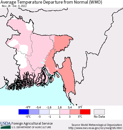 Bangladesh Average Temperature Departure from Normal (WMO) Thematic Map For 11/28/2022 - 12/4/2022
