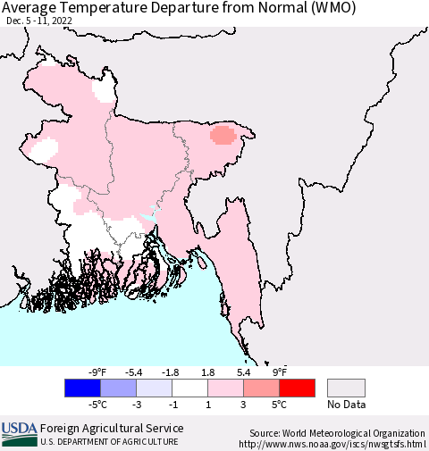 Bangladesh Average Temperature Departure from Normal (WMO) Thematic Map For 12/5/2022 - 12/11/2022