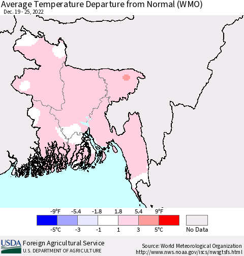 Bangladesh Average Temperature Departure from Normal (WMO) Thematic Map For 12/19/2022 - 12/25/2022