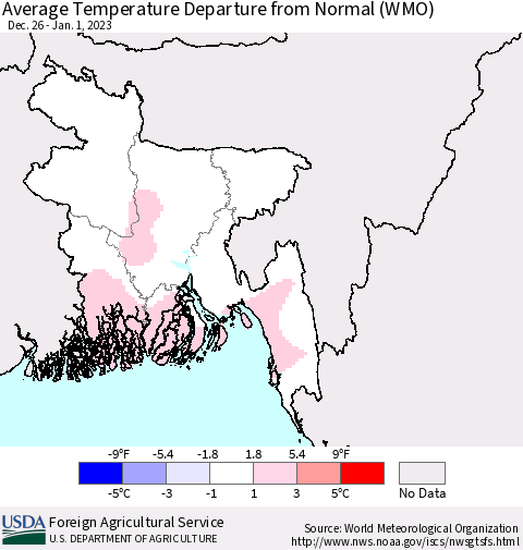 Bangladesh Average Temperature Departure from Normal (WMO) Thematic Map For 12/26/2022 - 1/1/2023