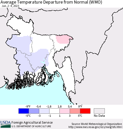Bangladesh Average Temperature Departure from Normal (WMO) Thematic Map For 1/2/2023 - 1/8/2023