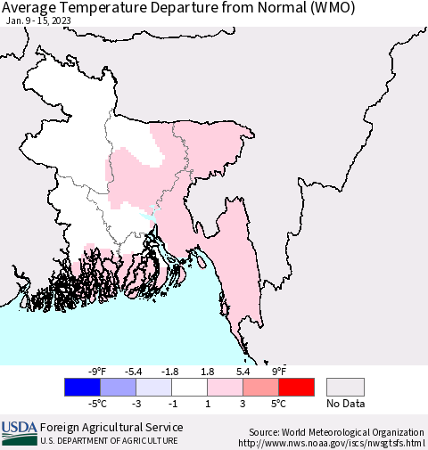Bangladesh Average Temperature Departure from Normal (WMO) Thematic Map For 1/9/2023 - 1/15/2023