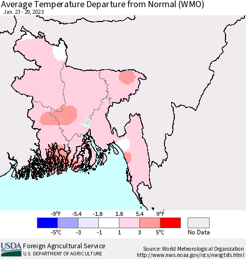 Bangladesh Average Temperature Departure from Normal (WMO) Thematic Map For 1/23/2023 - 1/29/2023