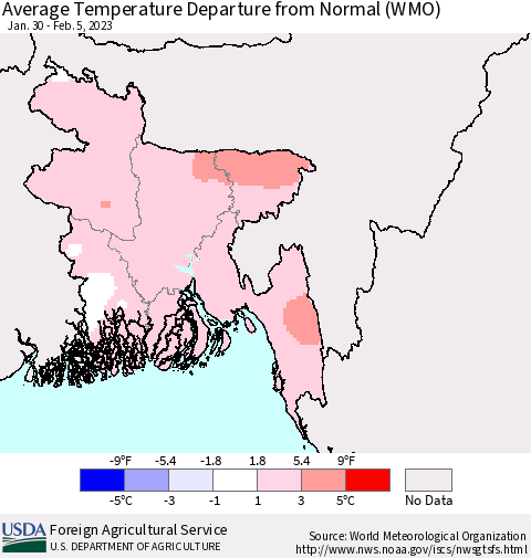 Bangladesh Average Temperature Departure from Normal (WMO) Thematic Map For 1/30/2023 - 2/5/2023