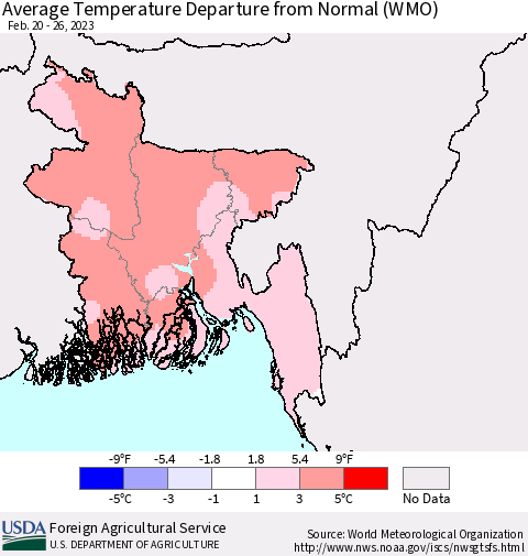 Bangladesh Average Temperature Departure from Normal (WMO) Thematic Map For 2/20/2023 - 2/26/2023