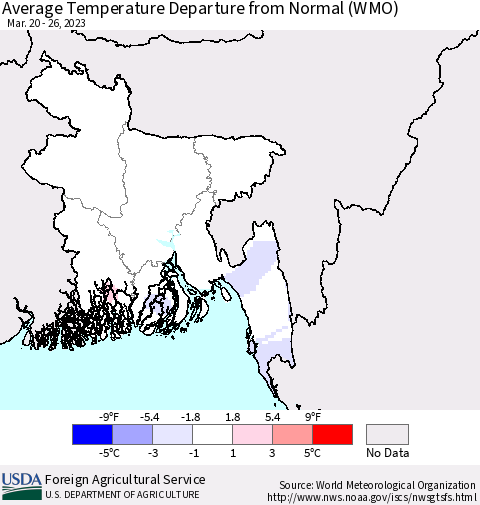 Bangladesh Average Temperature Departure from Normal (WMO) Thematic Map For 3/20/2023 - 3/26/2023