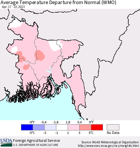 Bangladesh Average Temperature Departure from Normal (WMO) Thematic Map For 4/17/2023 - 4/23/2023
